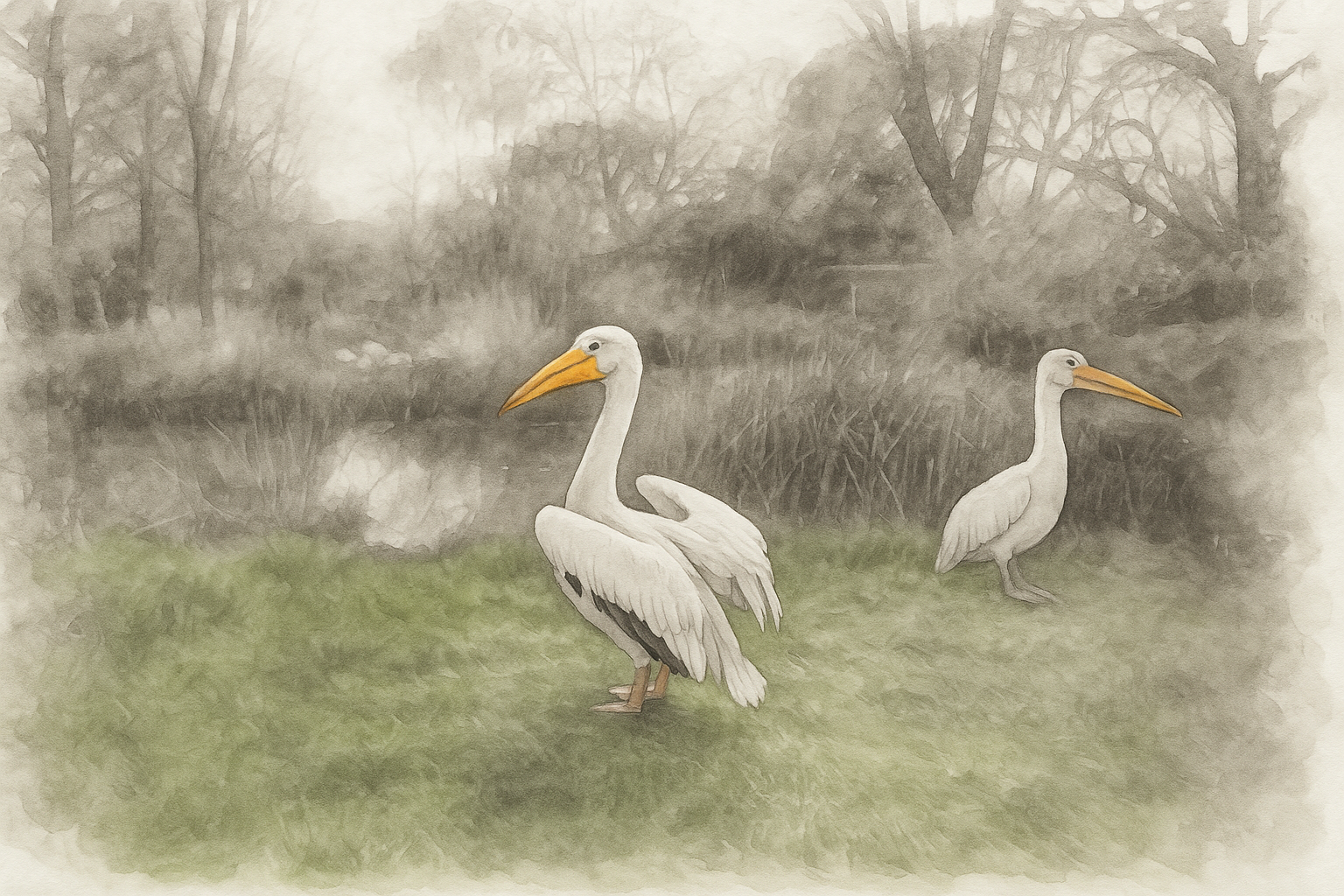 Pelicans Inkwash A3 Landscape 300Dpi